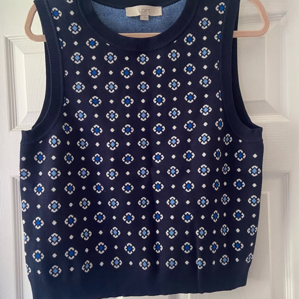 LOFT Navy Sleeveless Knit Tank with Blue & White Dot Motif